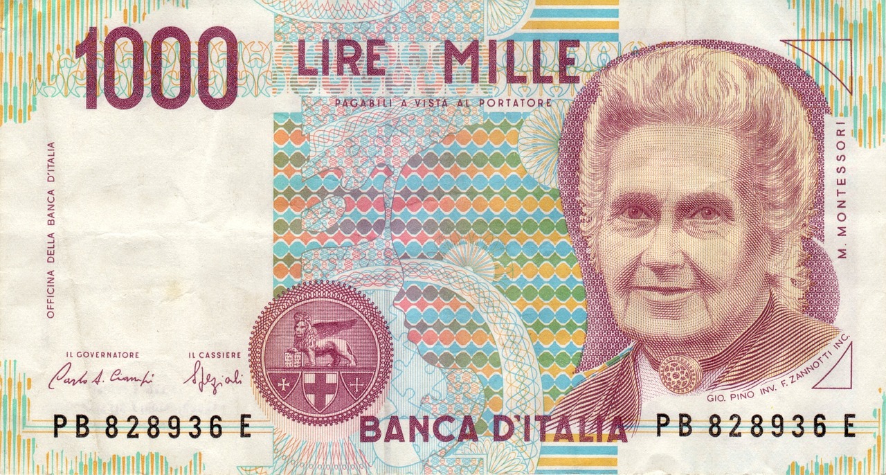 Immagine di una banconota da 1000 Lire con il logo Montessori, simbolo di valore storico e collezionistico.