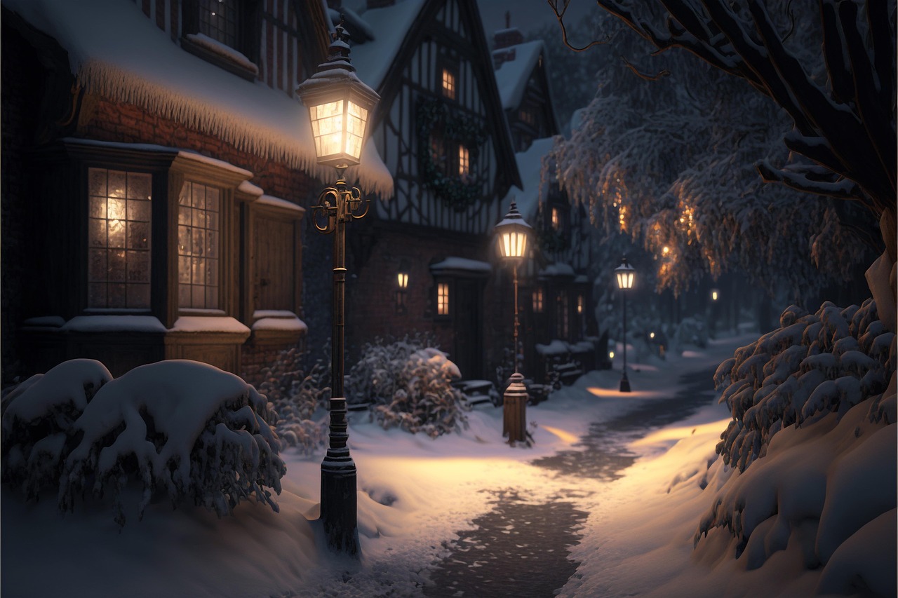 Luci solari da giardino accese in un ambiente invernale con neve sul terreno.